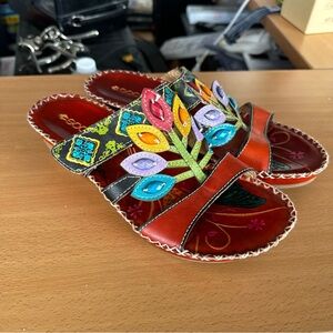 Socofy Leather Boho Floral Sandals Wedges